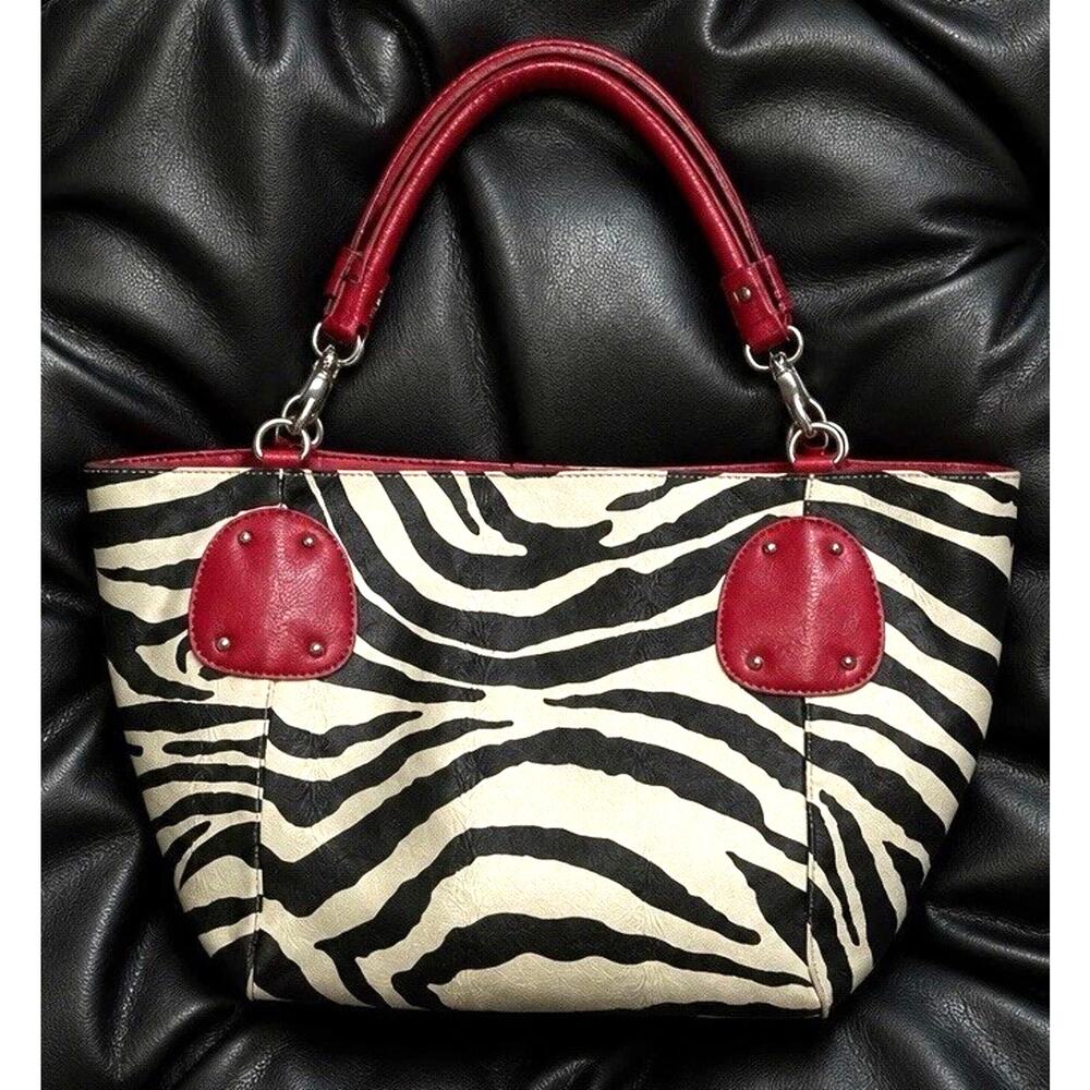 Vintage Zebra Print Purse Tote Bag Red Handles Zipper Handbag Animal Print 90s